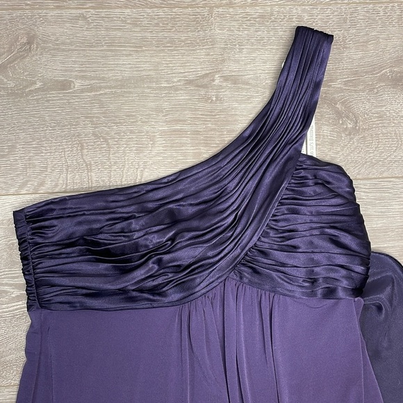 David’s Bridal One Shoulder Long Jersey Dress with Cascade Back Lapis Purple 8 - Picture 12 of 16